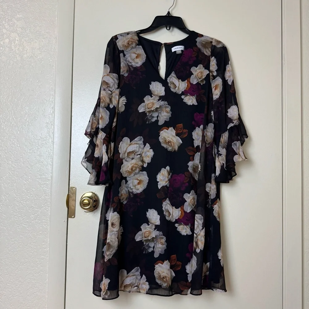 Calvin Klein V-Neck 3/4 Sleeve Crinkled Chiffon Floral Shift Dress Size 8 - Picture 2 of 7